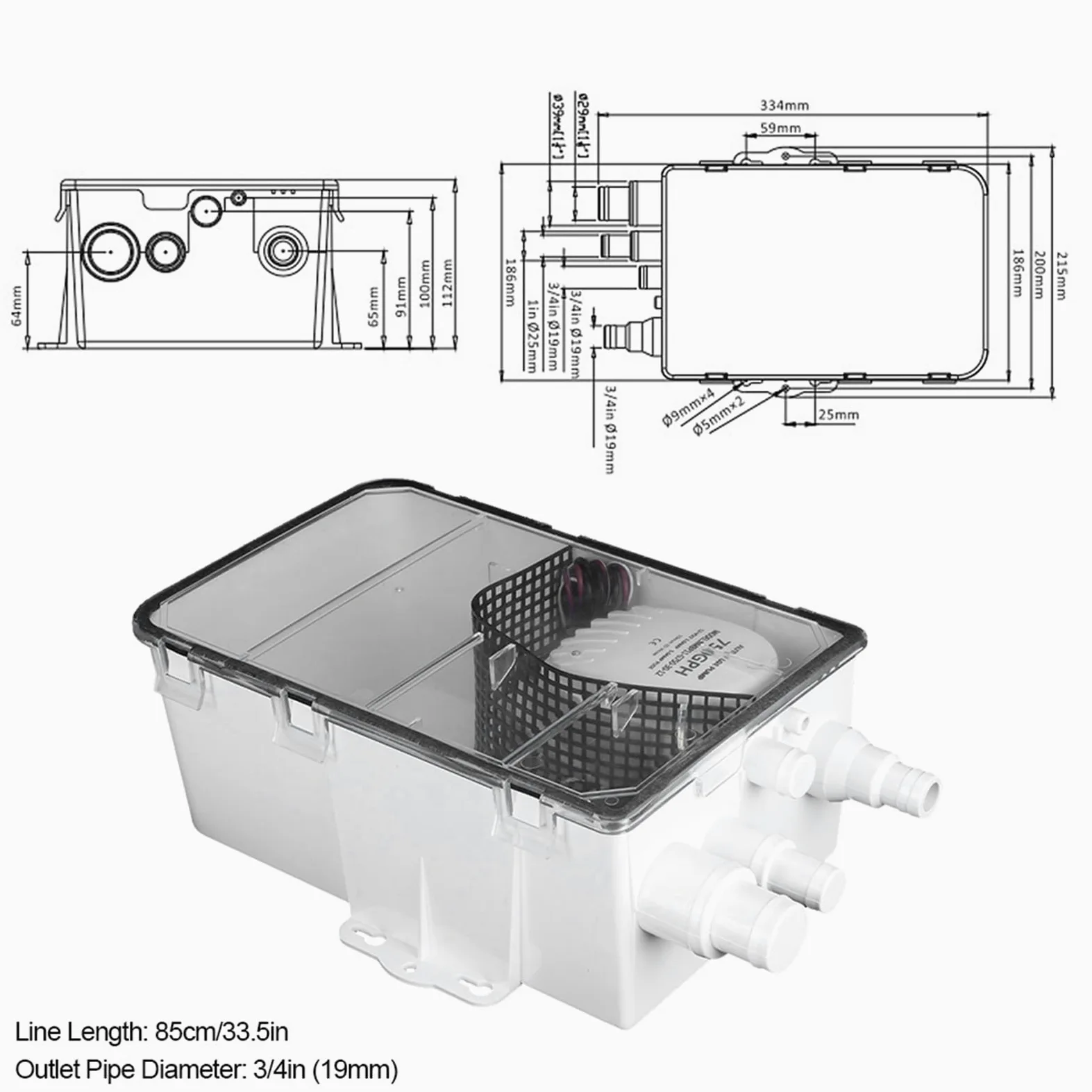 KIMISS Bomba de sumidero para ducha marina, de drenaje multipuerto 12V 750GPH, ideal para barcos y autocaravanas, caja de sumidero eficiente
