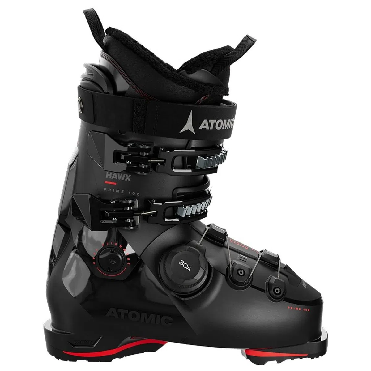 Atomic Hawk Prime 100 Boa GW Skischuhe - Alpin-Skischuh in Black/Red - Boots mit 3D Knöchel & Ferse für präzisen Sitz - Ideal für Skifahrer mit mittelbreiten Füßen