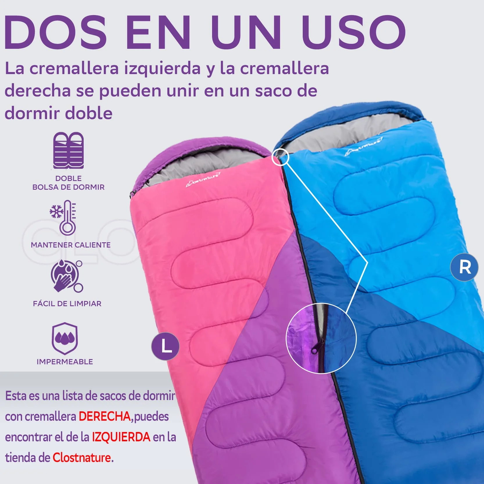 Clostnature Saco de Dormir Ligero para Acampar - Saco de Dormir Compacto para Camping, 3 Estaciones para Adulto, Senderismo, Mochilero y Acampada, Portátil y Fácil de Transportar(Cremallera Derecha)