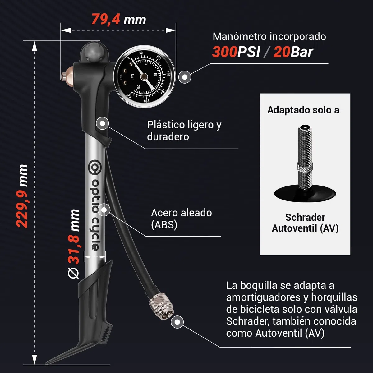 Bomba Suspension MTB – Bomba de Horquilla MTB con Manómetro | Shock Pump para Horquilla y Amortiguador | Compatible con Fox, RockShox, Manitou