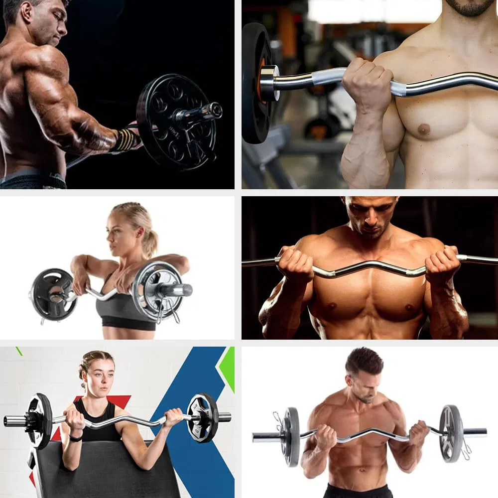 ManiBoom Barra Pesas Z Curly 120 cm de 8,5kg para Discos y Pesas de Ø50mm - Barra de MUSCULACION para Biceps y Triceps Halterofilia Crossfit - Barra Gimnasio con Cierres de Resorte (120 cm - Culry Z)