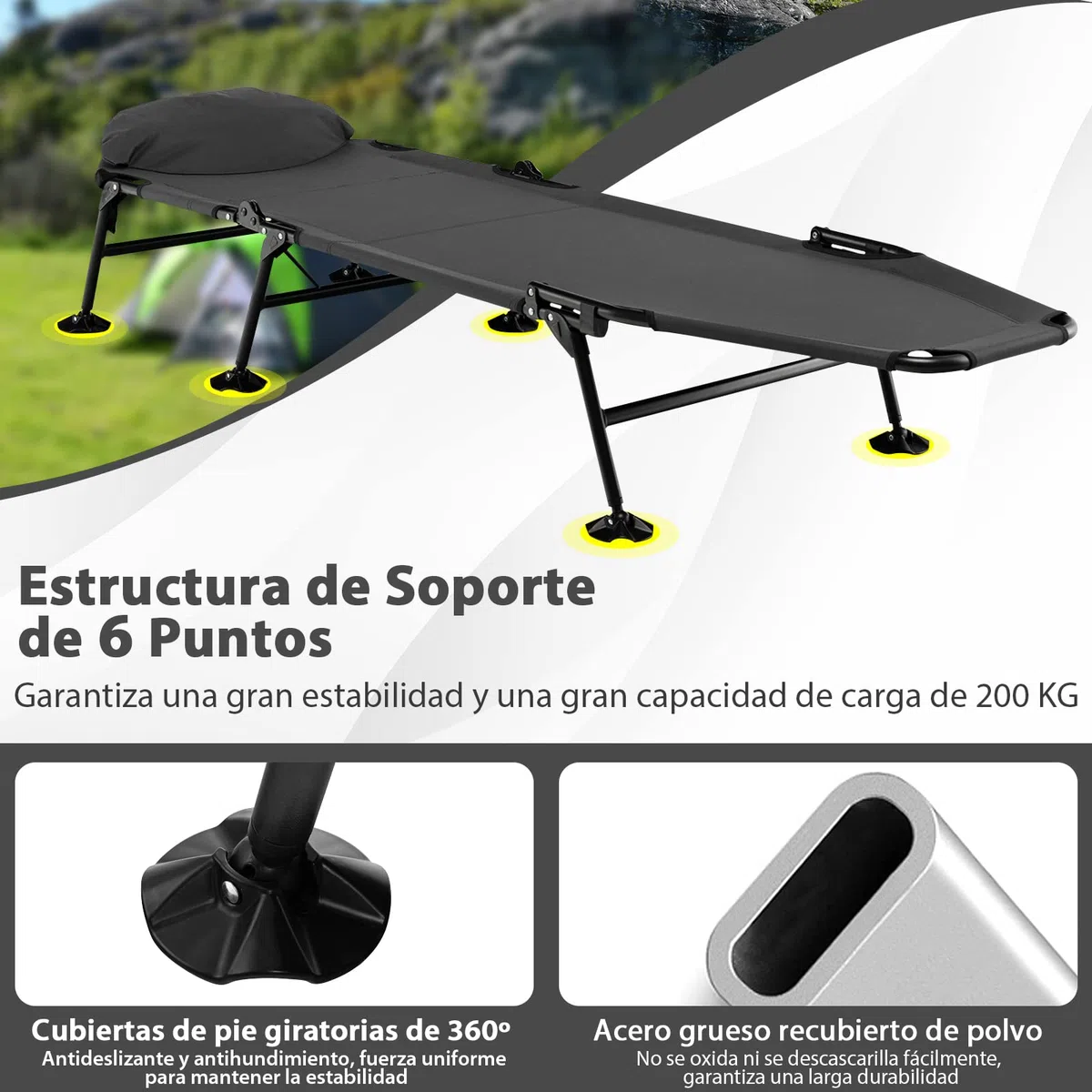 COSTWAY Cama Plegable Camping con Colchón Desmontable, Cama Camping Respaldo Ajustable en 6 Posiciones, Catre Plegable Camping portátil y Ligera con Bolsa, Carga 200kg, 194 x 69 x 29 cm (Gris)