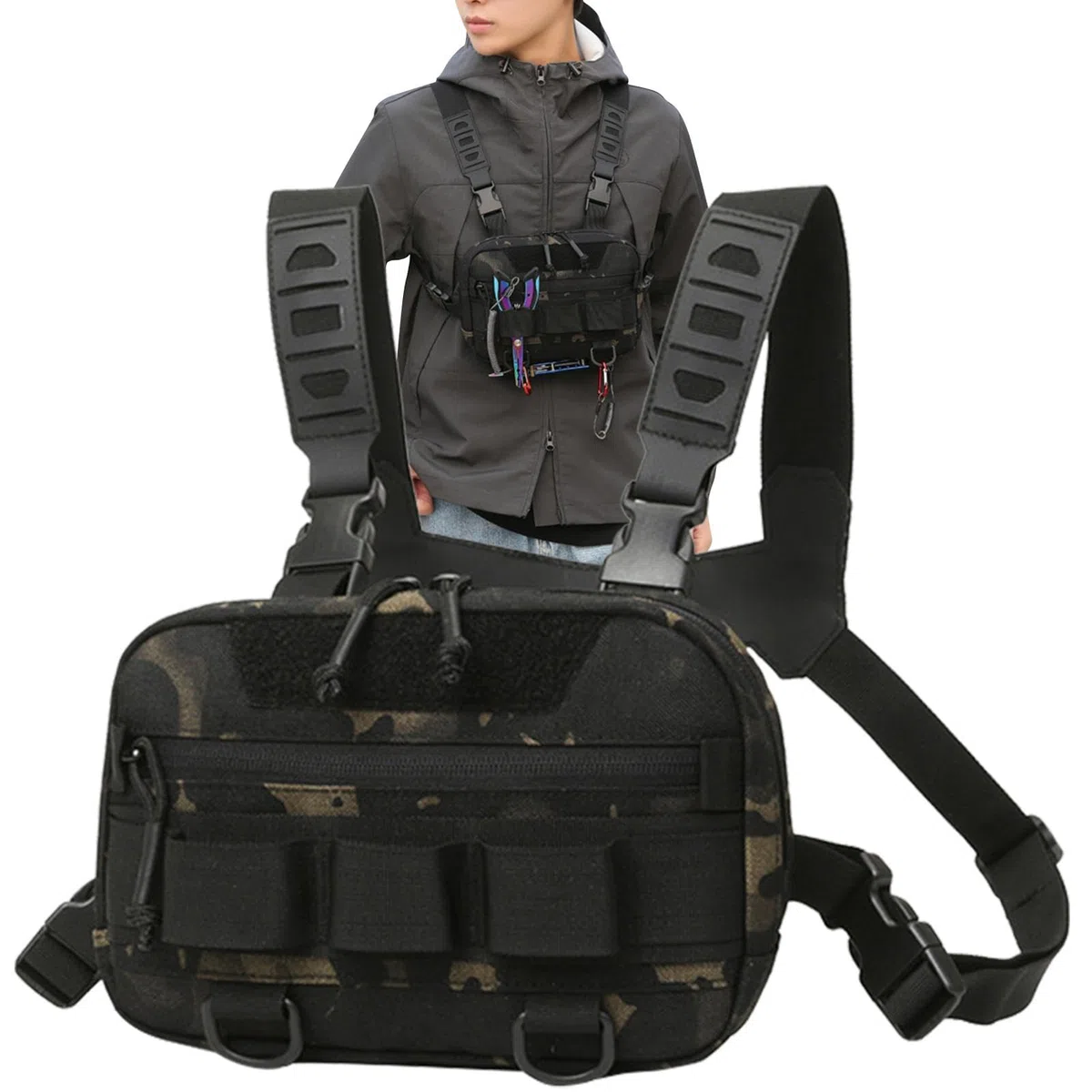 Paquete de pecho de pesca - Bolso de pecho con bolsa para señuelos, Bolso de pecho para hombre con malla trasera | Bolsa colgante de camuflaje para cintura, equipo multifuncional para deportes de cicl
