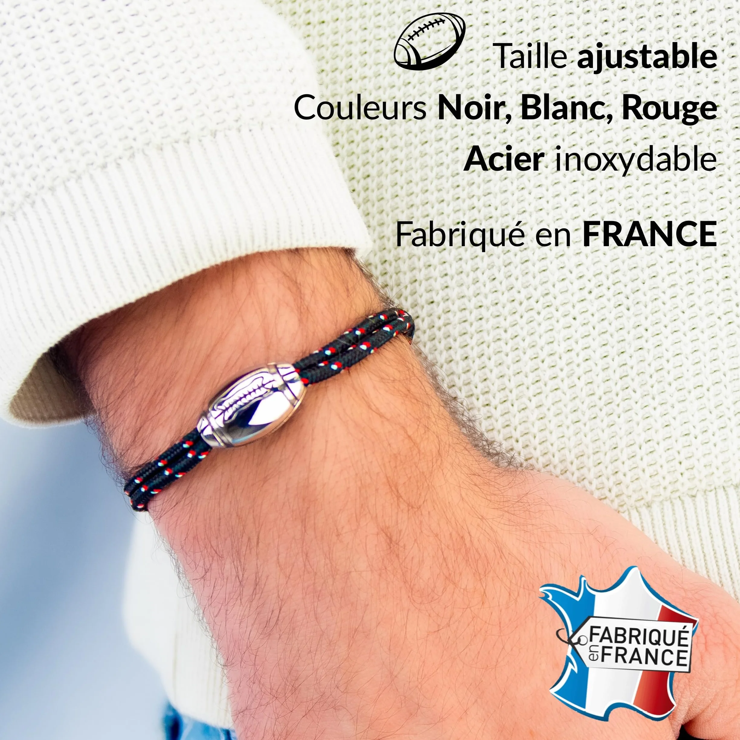 Pulsera de rugby Ernestine Grande Negro Acero inoxidable Nailon