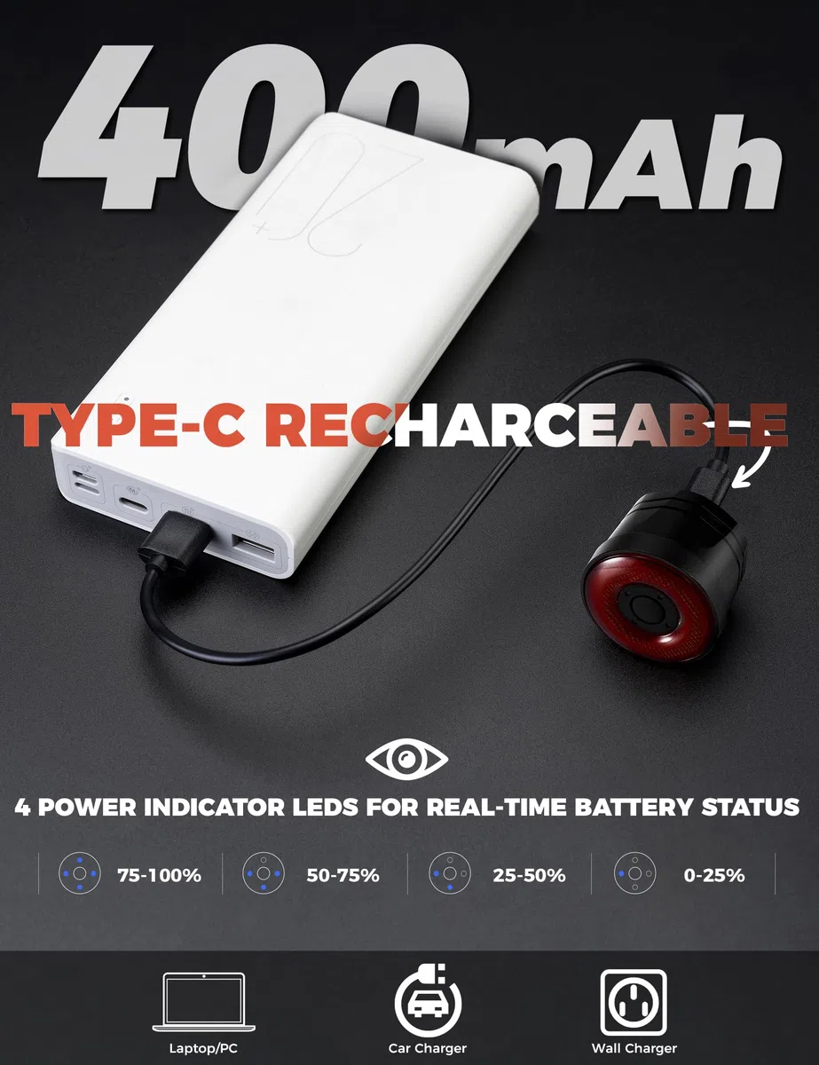 ROCKBROS Luz Trasera de Bicicleta Inteligente con Sensor de Frenado, Luz de Seguridad USB Recargable Impermeable IPX6, Aleación de Aluminio, 4 Modos de Iluminación para Seguridad Nocturna en Ciclismo