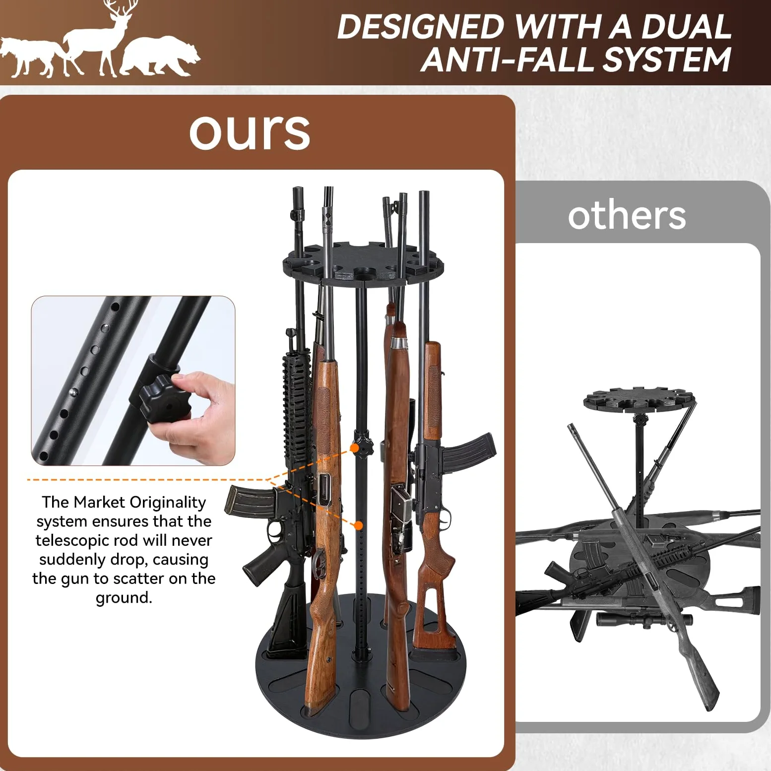 Estante giratorio de 360 grados de alta calidad, altura ajustable de 24 niveles para 12 rifles, almacenamiento seguro con madera maciza renovable y acolchado EVA, ideal para organizador
