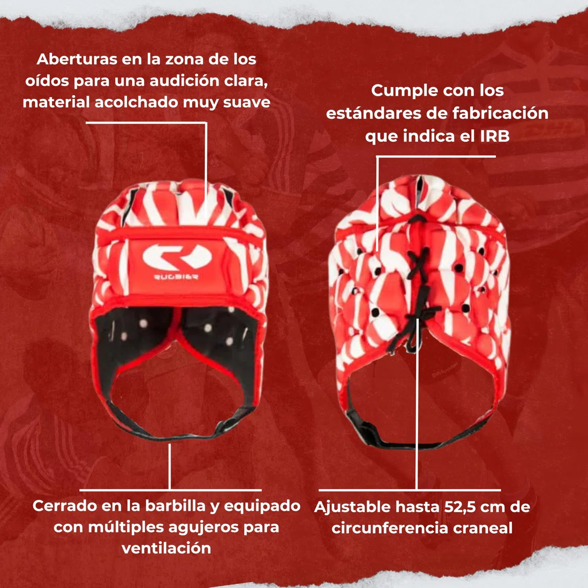 Casco de Rugby Profesional Air-Pro - Adultos y Jóvenes Unisex - Ajustable - Protector de Cabeza Acolchado - Modelo Tiger Rojo-Blanco
