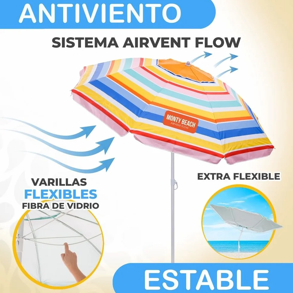 MONTY Sombrilla playa UPF+50 antiviento fibra vidrio mástil inclinable regulable altura