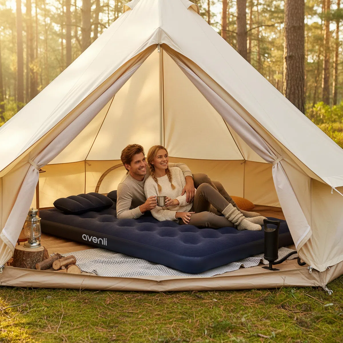 AVENLI Colchón Hinchable Queen-Size 203x152x22 cm, 2 Personas, Coil-Beam, con Bomba y 2 Almohadas, hasta 300 kg, Azul, Camping Cama supletoria Exterior – colchón Hinchable para 2 Personas