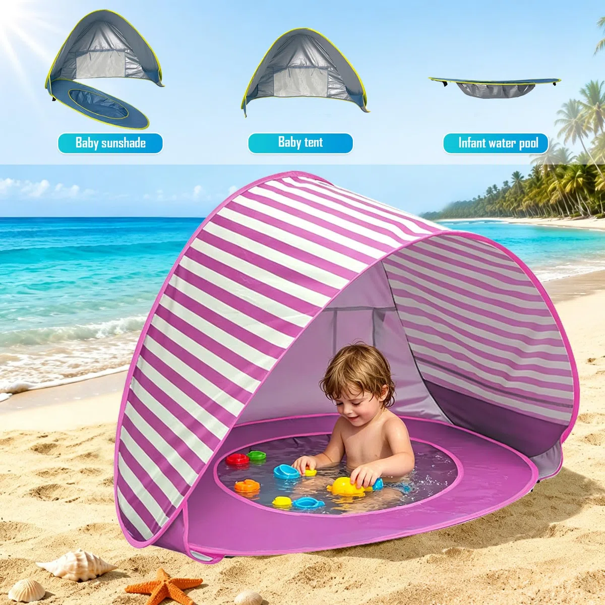 Refugio de playa para bebé con mini piscina, tienda de playa para bebé con protección UV, concha de playa portátil para niños, protección solar, tienda de playa para playa, jardín y viajes (rayas