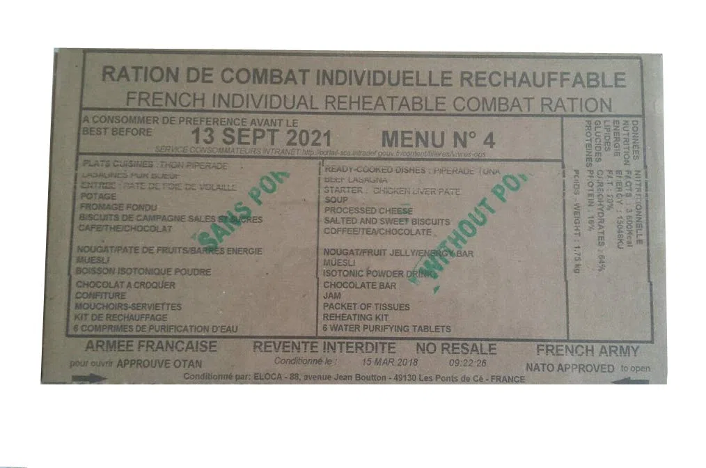 Mre Ración de combate francesa 24 horas Calentamiento individualmente