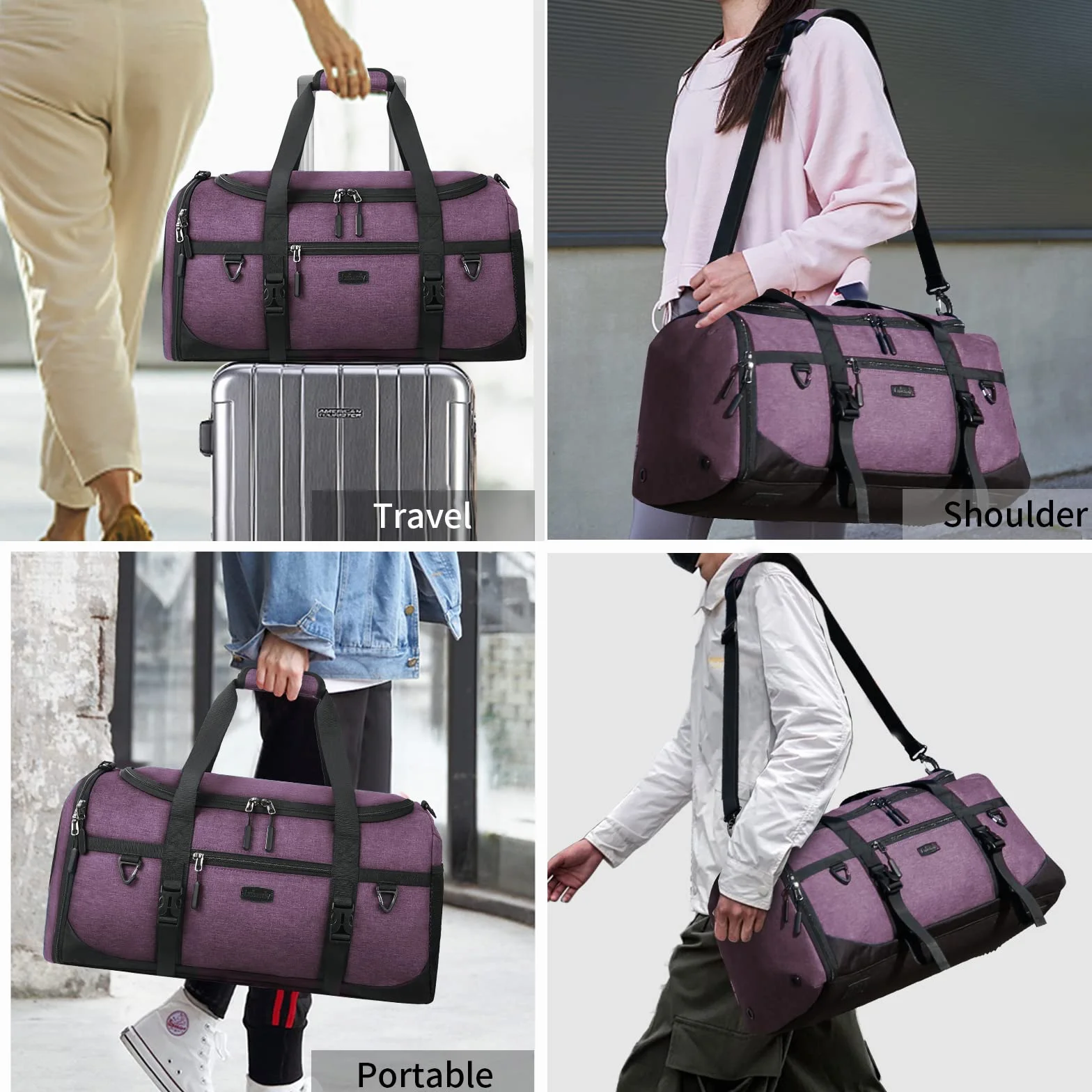 Lubardy Bolsa Deporte 40L Impermeable Viaje con Toalla Microfibra Compartimento Zapatos Violeta