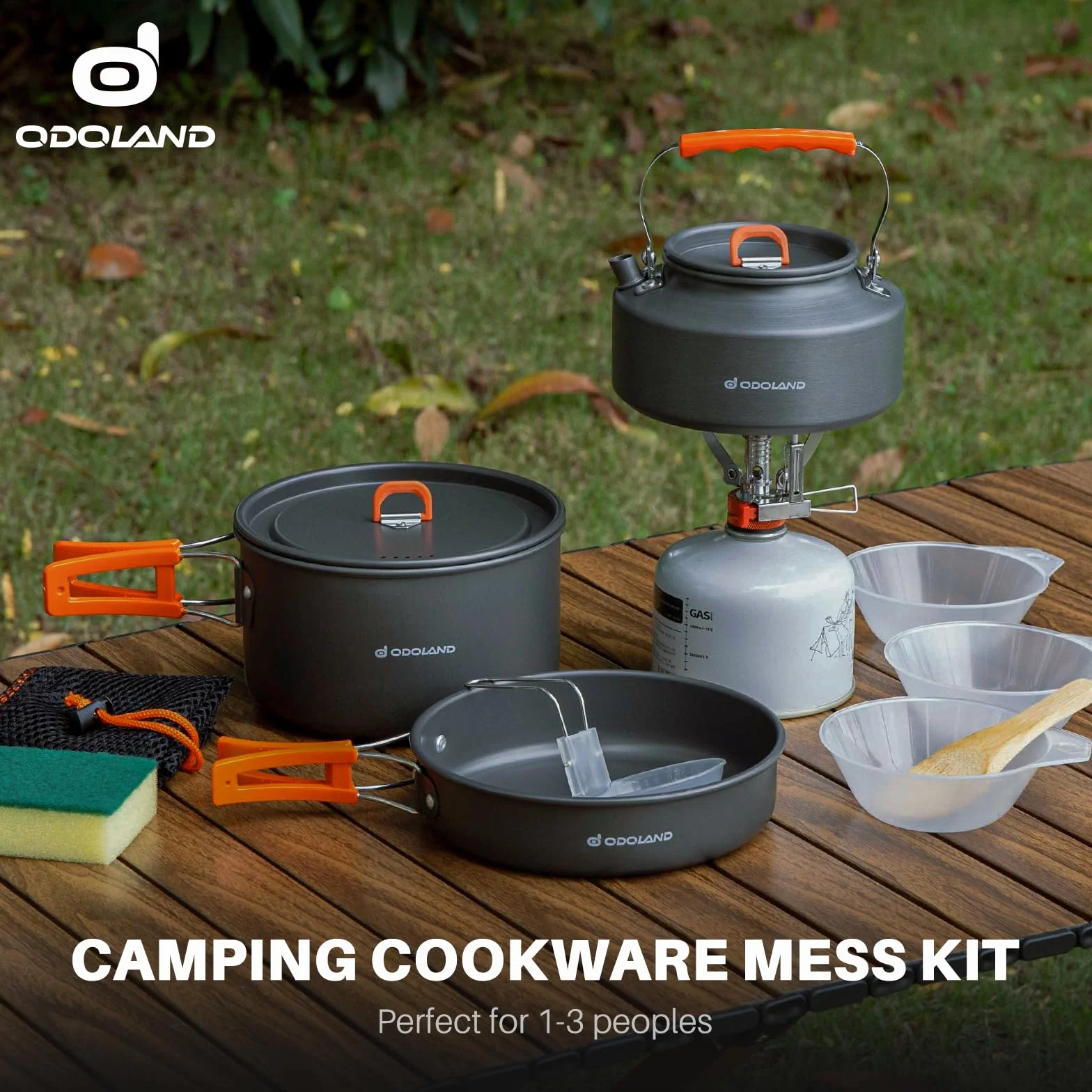 Odoland Utensilios de Cocina para Camping para 1-3 Personas, Ollas Sartén Hervidor de Camping, para Camping Senderismo Excursiones Cocina Outdoor y Picnics, Ollas 2.9L + Sartén 0.9L + Hervidor 1.6L