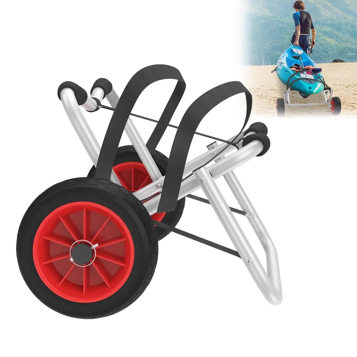 UISEBRT Carro para kayak plegable Carro para canoa plegable con capacidad de carga de hasta 100 kg con 3m de correas Cinturones de transporte de aluminio para SUP Carro para bote neumático, canoa