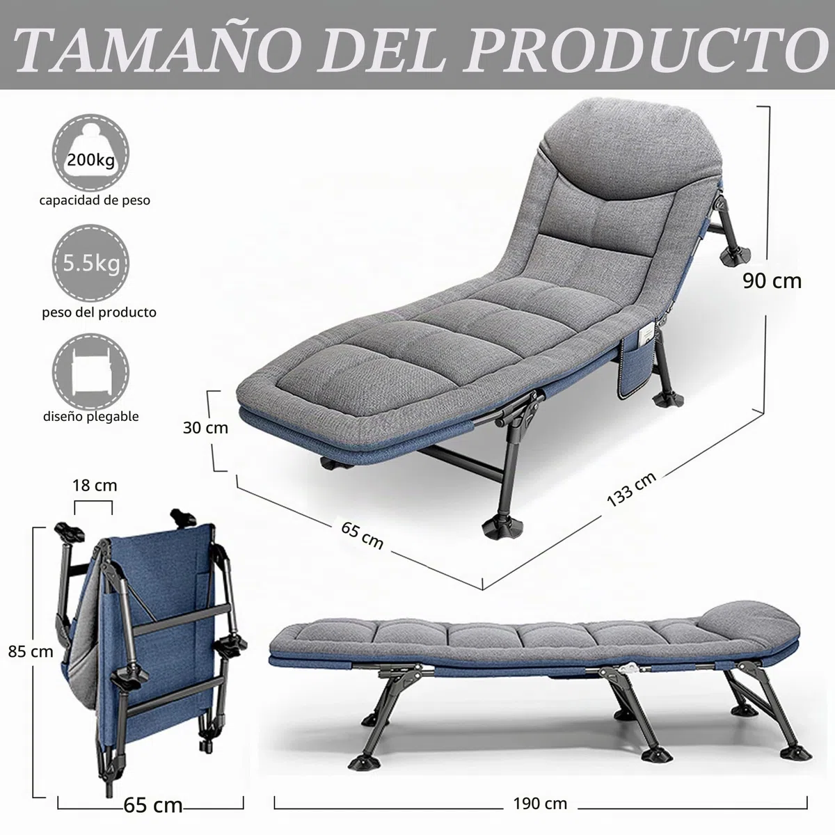 Cama de Camping Plegable con Colchón 190x65x30cm, Cama de Camp Portatil con Bolsillo Lateral, Tumbona Jardin Exterior con 5 Regulable Respaldo, Hamacas para Camping Jardín Exterior Interior, Gris