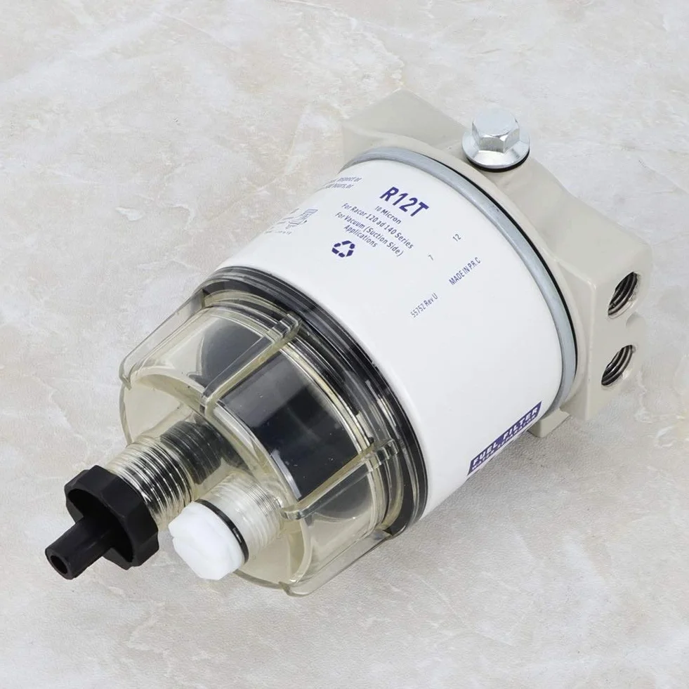 Filtro Combustible, Filtro R12T Separador de Agua Combustible Marino con Rotación y Drenaje Automático 10 Micrones 30 GPH para Motores de Lanchas Rápidas y Embarcaciones