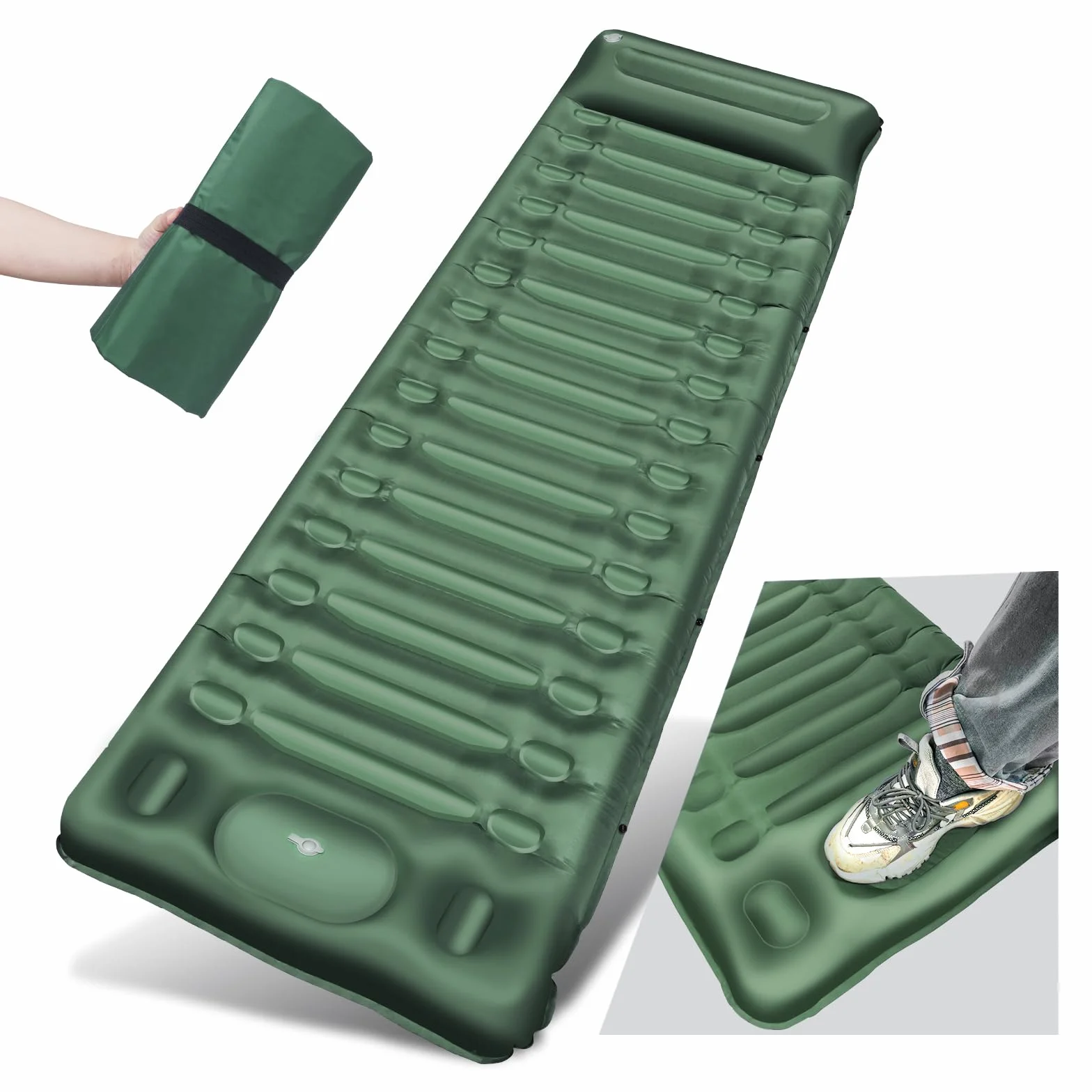 Colchón de Acampada autoinflable 14 cm, Impermeable, con Bomba de pie, para Senderismo Mochilero (Green)