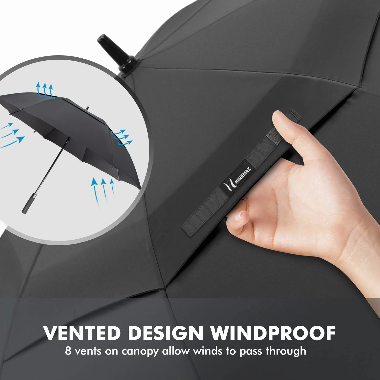 NINEMAX Paraguas de golf grande resistente al viento, paraguas de golf de 62 pulgadas para lluvia resistente, doble toldo grande ventilado para carrito de empuje (negro)