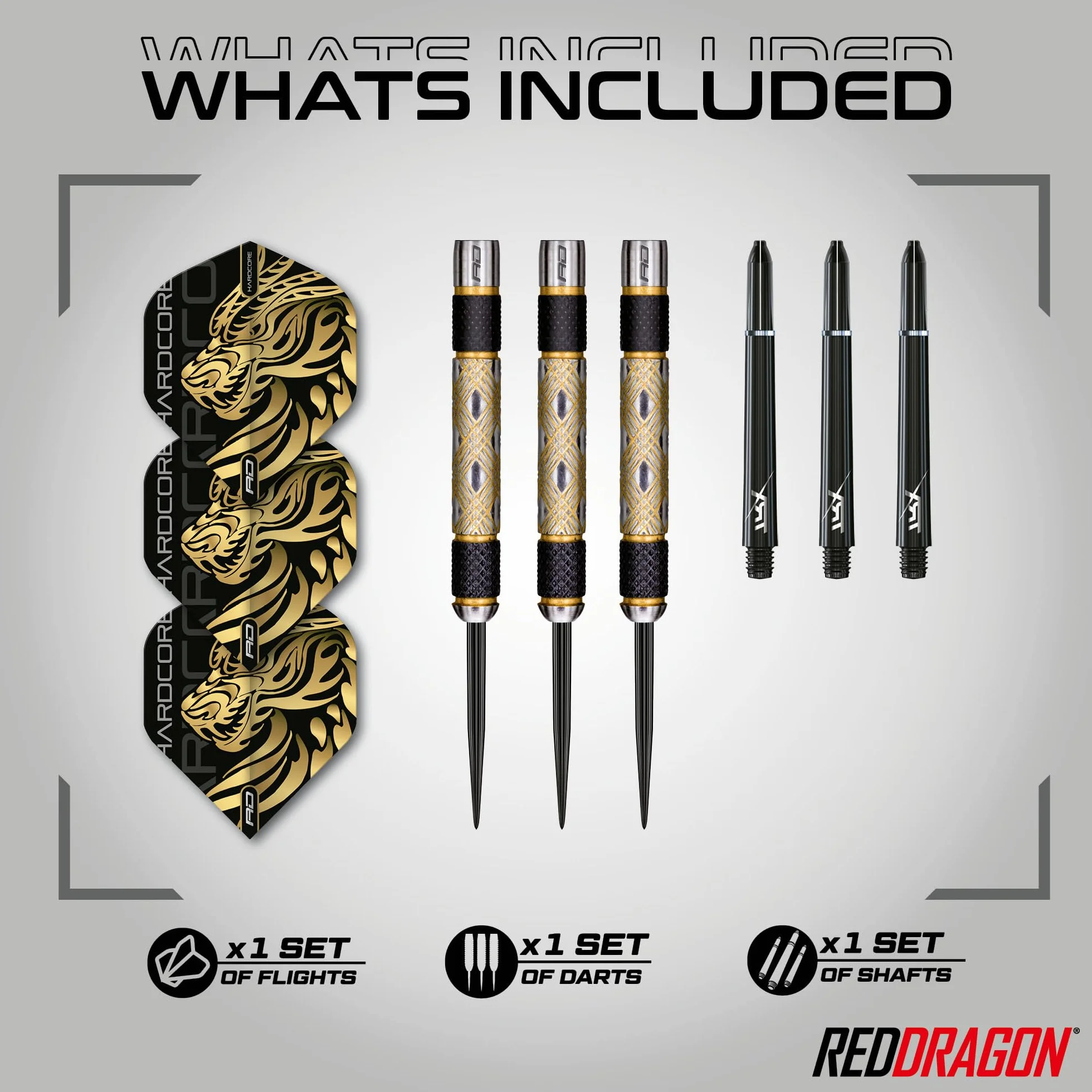 RED DRAGON - Golden Eyes - Set de freccette professionali de 22g, 24g, 26g, 28g, 30g, 32g en tungsteno 85% con alette e steli