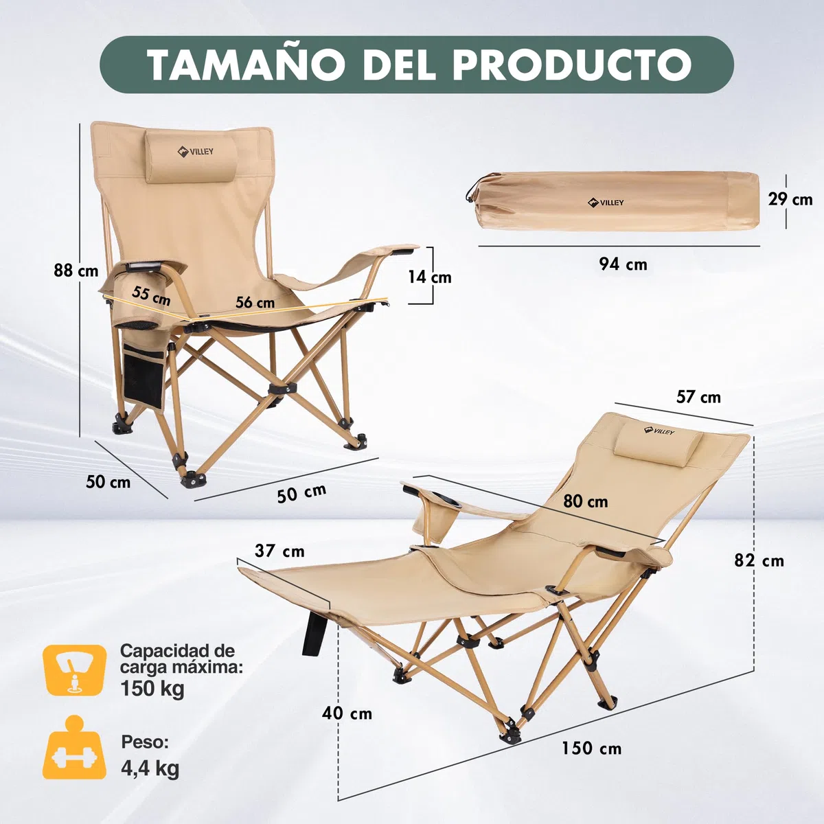 VILLEY Silla de Camping Plegable con Reposapiés, Reposacabezas y Bolsa de Almacenamiento, Silla Plegable para Camping, Playa, Jardín, Pesca, Soporta hasta 150 kg, Beige