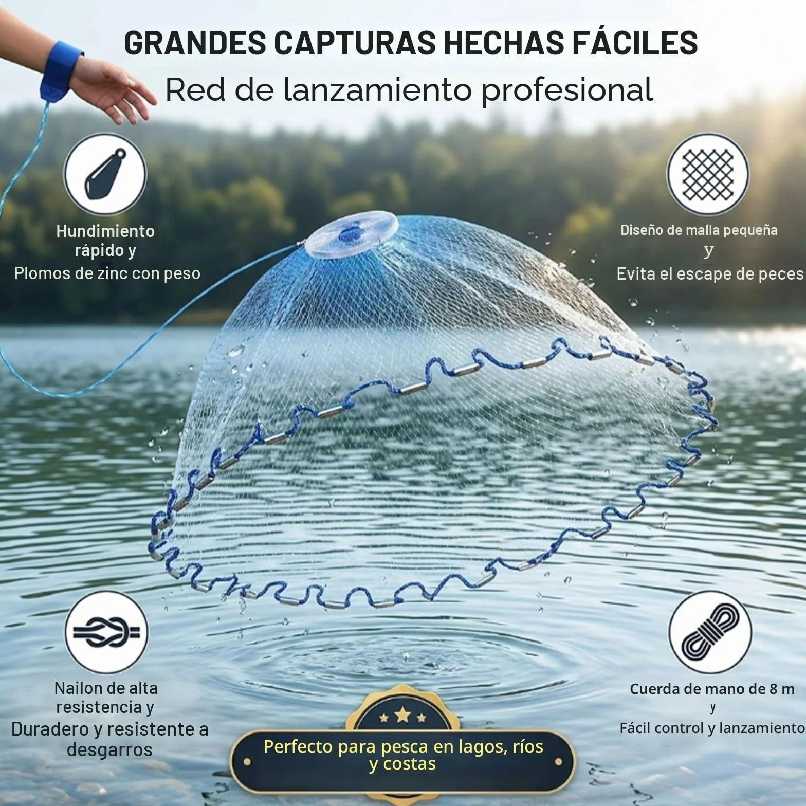 Red de Pesca de Mano de Nylon Monofilamento, Trampa Portátil para Exteriores con Señuelo (2,4 m)