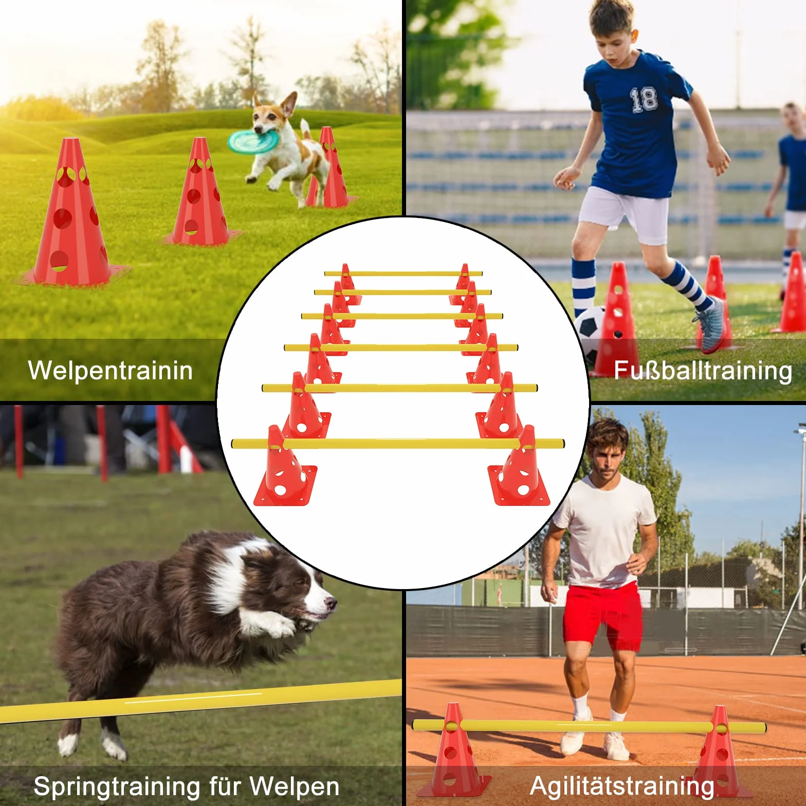 NAIZY Juego de obstáculos de Entrenamiento de coordinación de 6 Piezas, Incluye 12 peones + 6 Barras Ajustables, para Entrenamiento de Agilidad