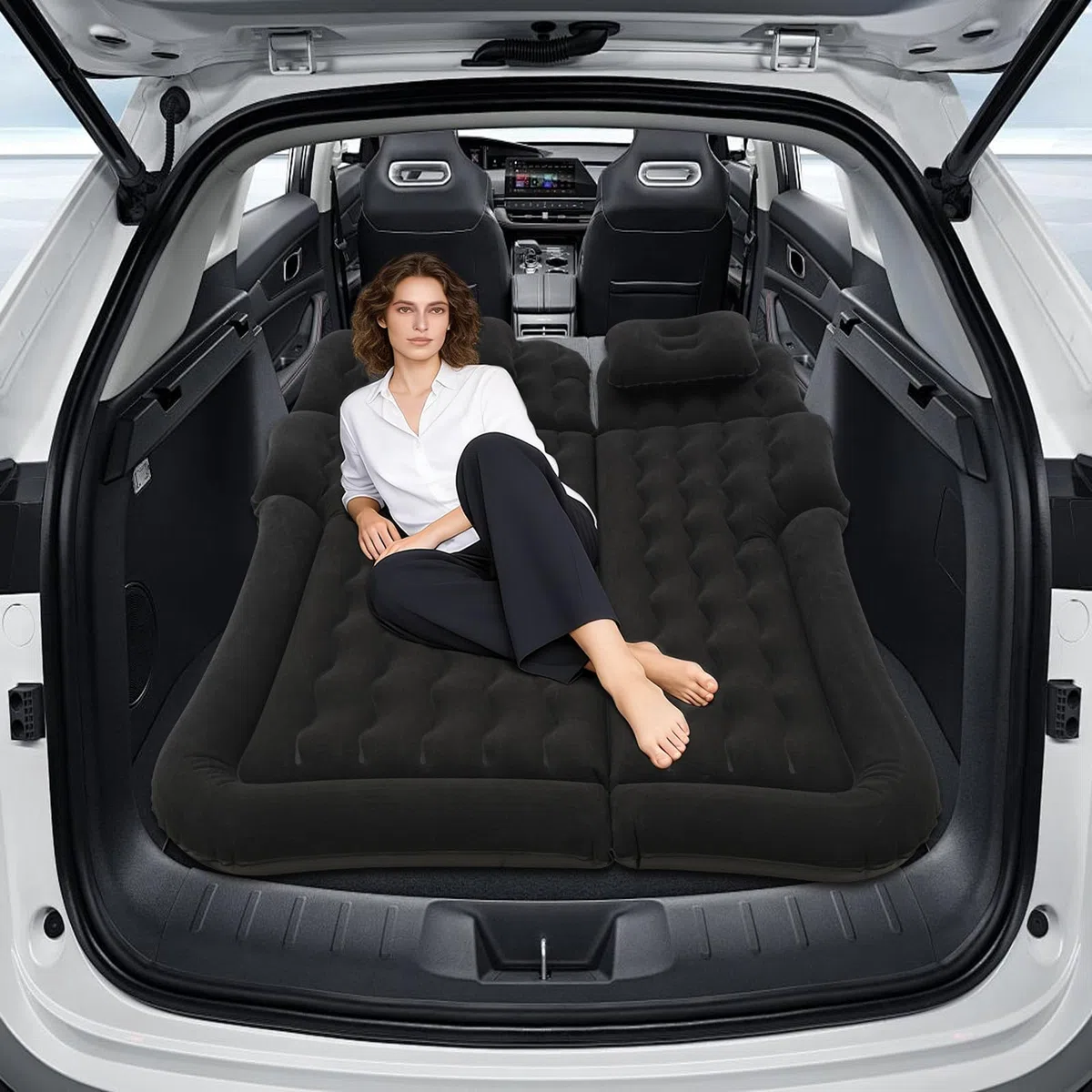 Colchón de aire para coche, SUV, camping, capacidad de carga de 250 kg, colchón inflable para coche, colchón, maletero, plegable, cama para coche, con bomba inflable, 2 reposacabezas, bolsa de