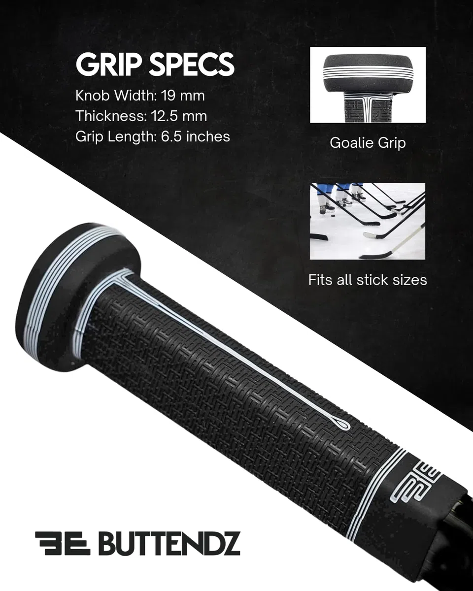 Buttendz Sentry Empuñadura de Repuesto para Palo de Hockey de Portero - Control de Precisión con Perilla Sobredimensionada, Textura Mejorada y Empuñadura de Hockey Premium (Negro con Goteo Blanco)
