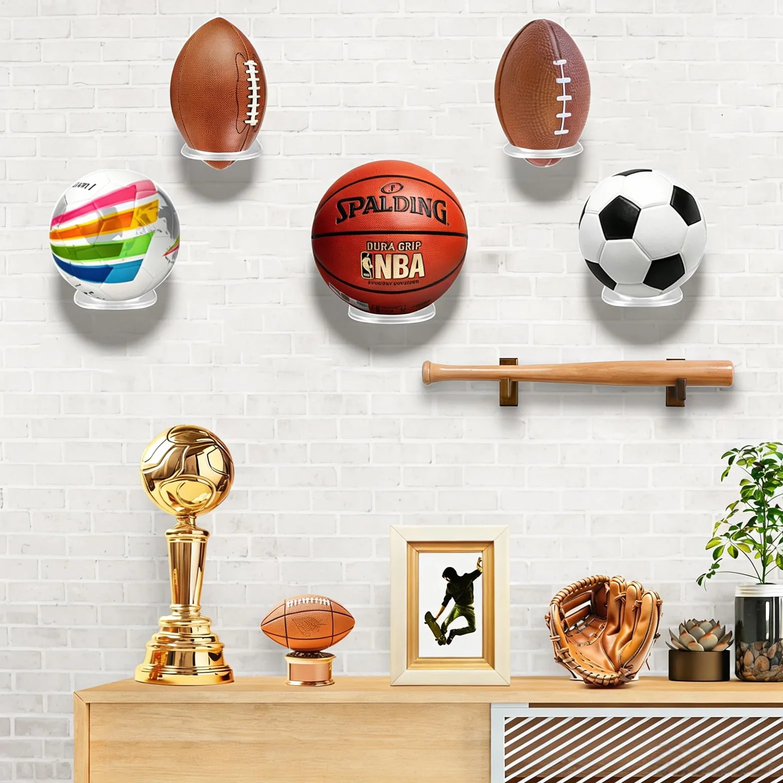 BiJun Soporte de Pared para Balones, Exhibición Soporte Balones Pared, Soporte de Bola Montado Estante de Almacenamiento, Soporte de Balones con Tornillos de Baloncesto Fútbol Voleibol