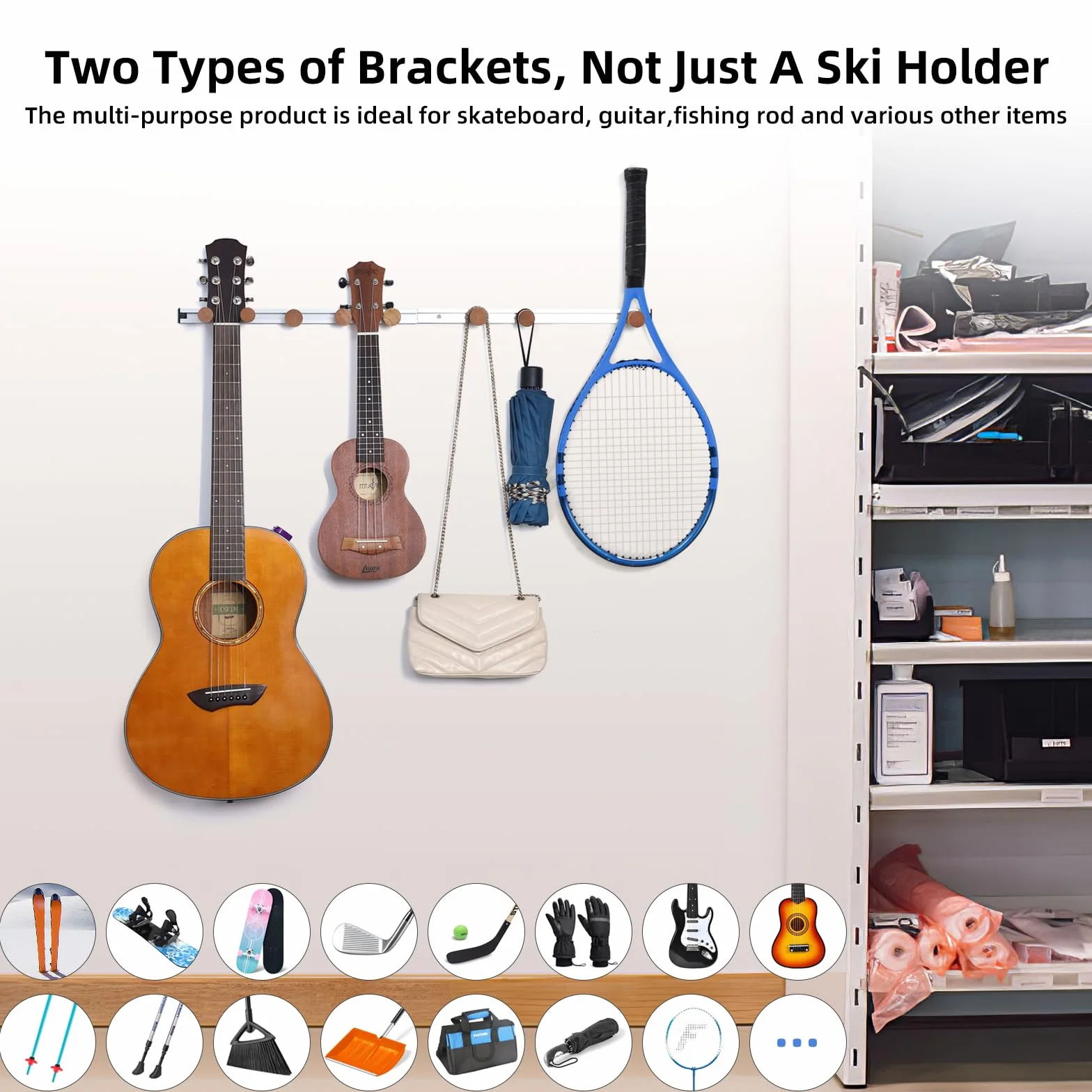 Fuloon Soporte de Pared para Esquís/Snowboard, Almacenamiento para Snowboard, Portaesquís de Pared para Casa y Garaje Perchero para Organizador 2 Estantes - 80cm, Hasta 30 kg