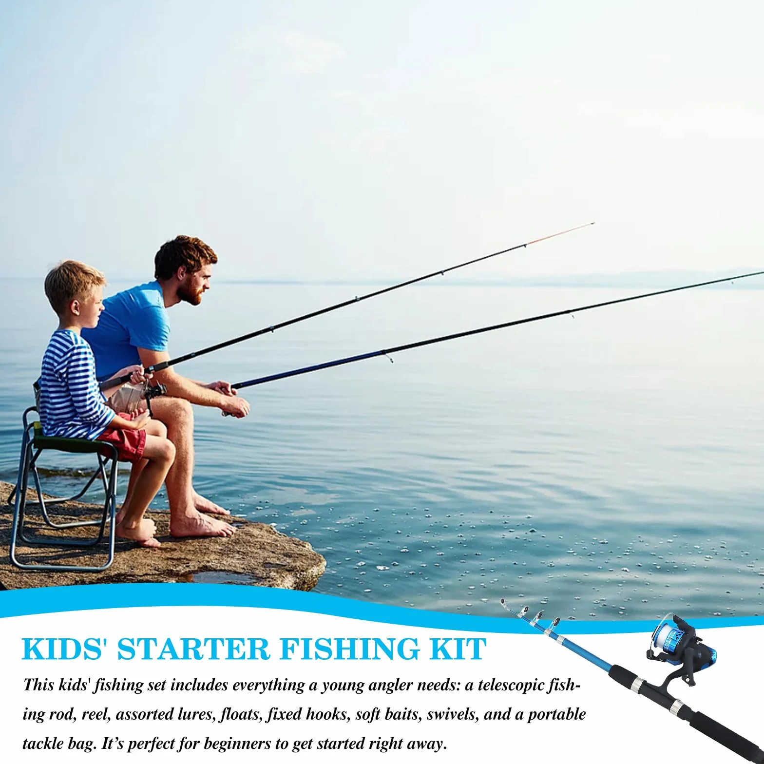 Juego de pesca completo para principiantes, para niños, 1,5 m, con carrete, caja de cebo azul, caña de pescar telescópica y bolsa de transporte, set de accesorios de pesca para principiantes