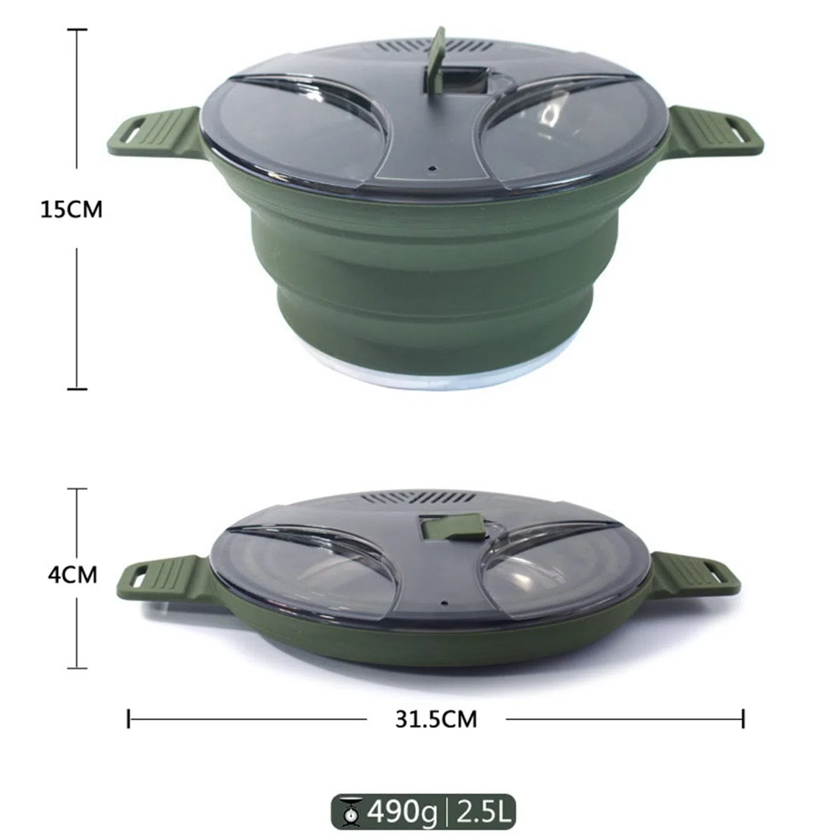 Olla Plegable para Exteriores Olla de Silicona para Senderismo Olla de Picnic PortáTil Olla de Camping de Acero Inoxidable,Verde