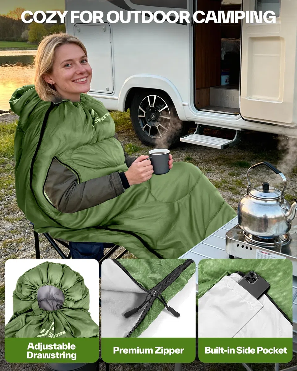 Sportneer Saco de Dormir portátil Adecuado para Las 4 Estaciones con Orificios con Cremallera para Brazos y pies Saco de Dormir Individual para Adultos para Senderismo y Viajes, 20 Grados