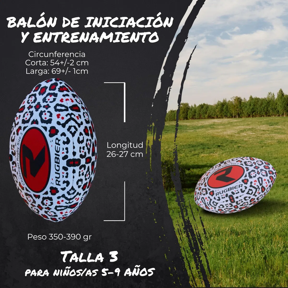 Balón de Rugby para Niños y Niñas T3 – Balón para Escuela - Iniciación y Entrenamiento - Diseño Exclusivo - Modelo Panther Red