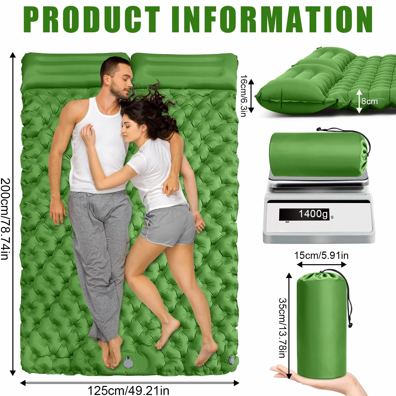 Colchoneta Inflable Doble Impermeable con Bomba de Pie y Almohada para Camping