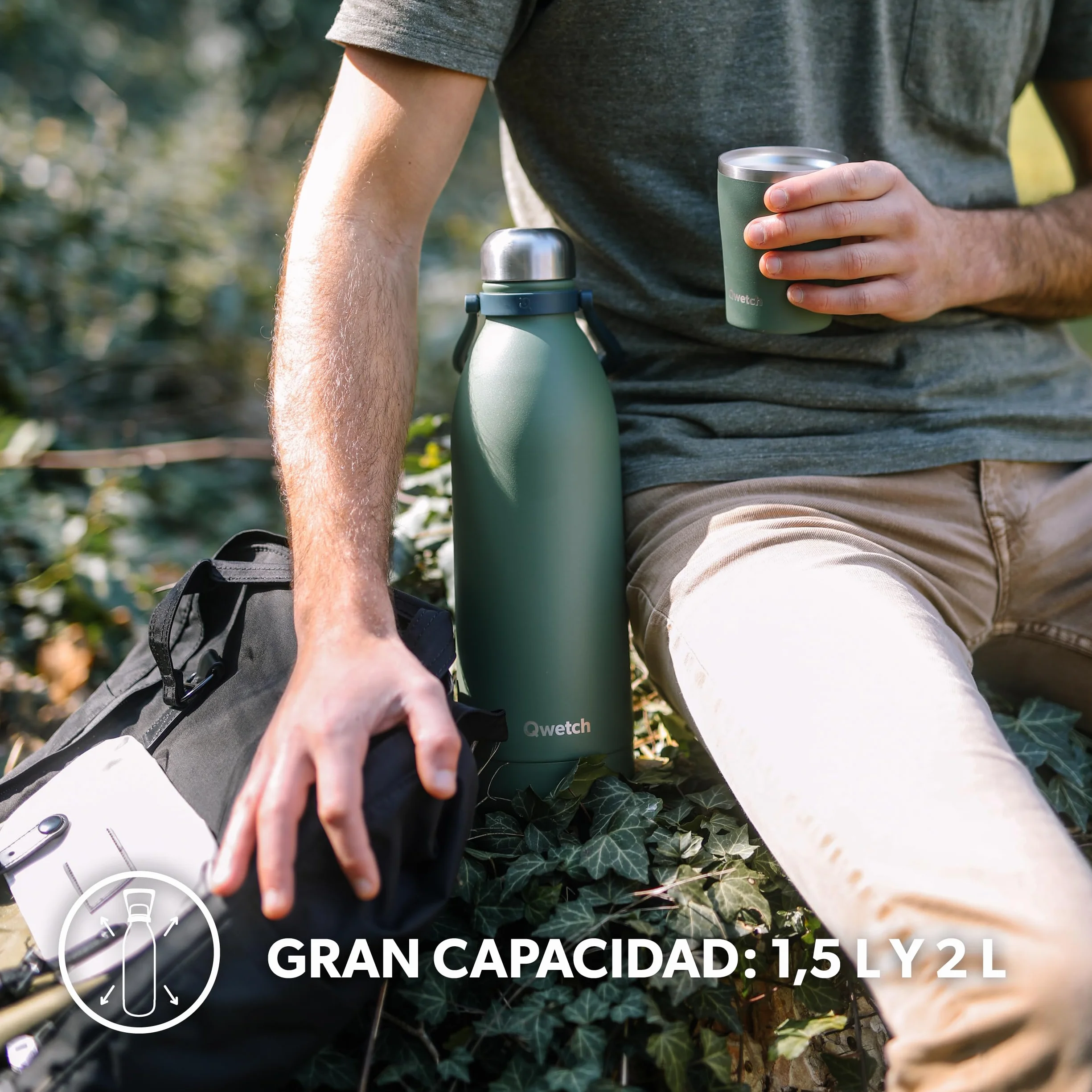 Qwetch - Botella Térmica Grande Inox 1,5L Azul Pato Titan - 48h Frío y 16h Caliente - Hermética & Sin BPA - Cantimplora de Acero Inoxidable con Asa - Termo para Camping, Picnic, Familia