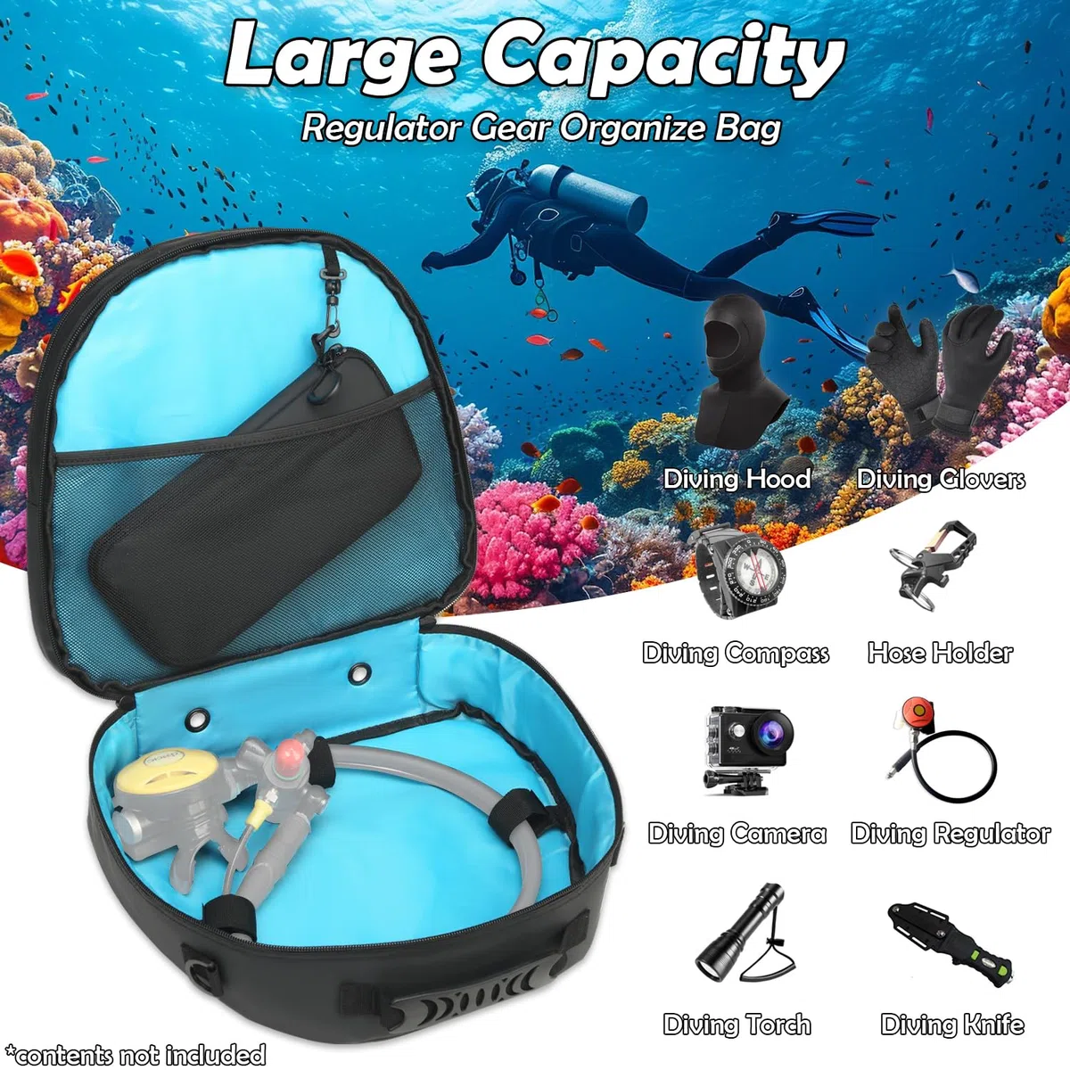 Bolsa táctica para reguladores y reguladores de buceo, bolsa acolchada para esnórquel con correa para el hombro (negro impermeable)