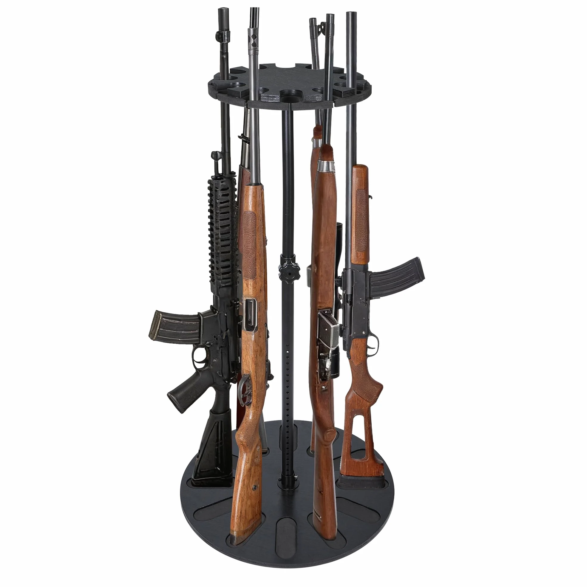 Estante giratorio de 360 grados de alta calidad, altura ajustable de 24 niveles para 12 rifles, almacenamiento seguro con madera maciza renovable y acolchado EVA, ideal para organizador