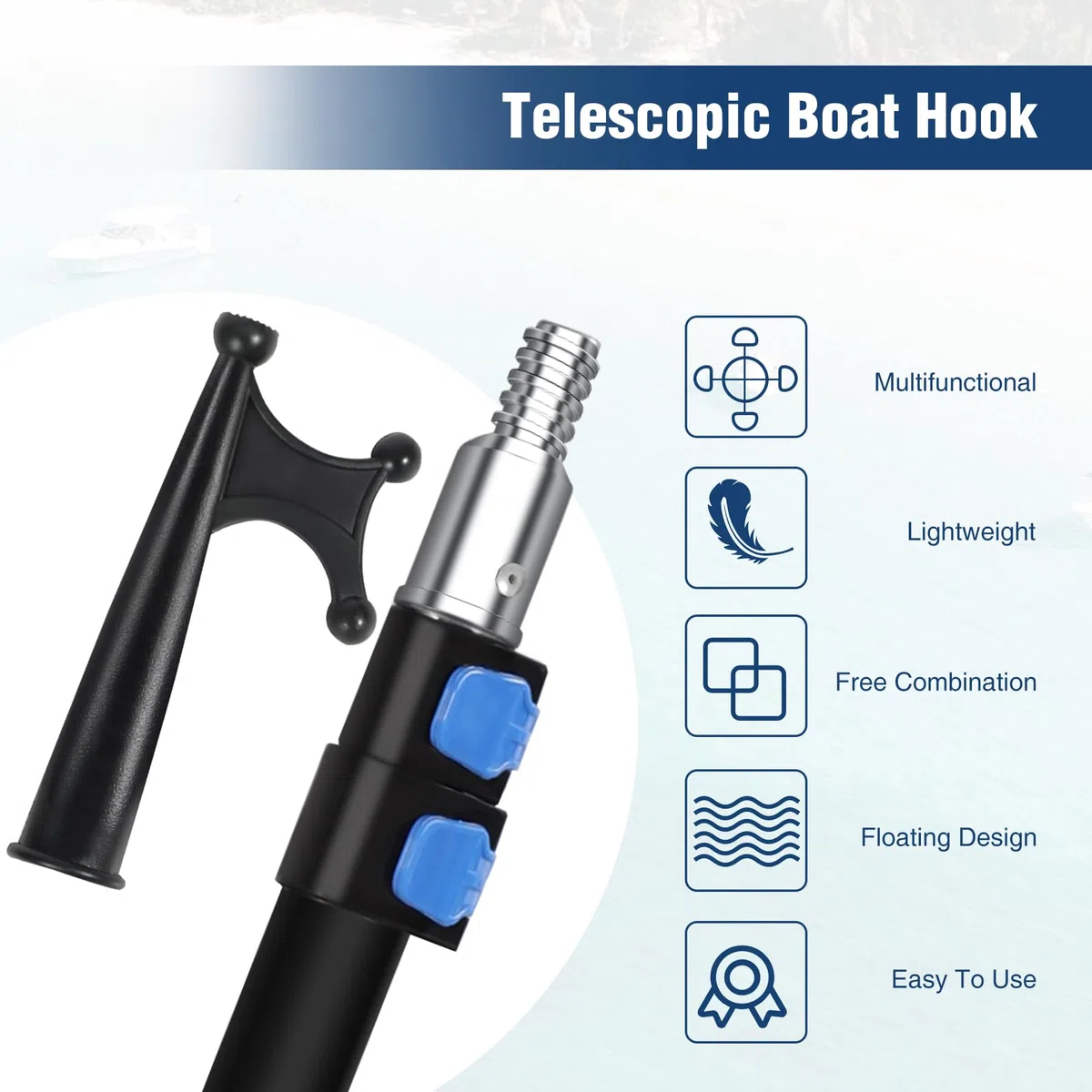 REDCAMP Gancho telescópico para barco, aluminio, extensible, multiusos, ligero, flotante, para barco, accesorios para barcos, 3,6 m, color negro