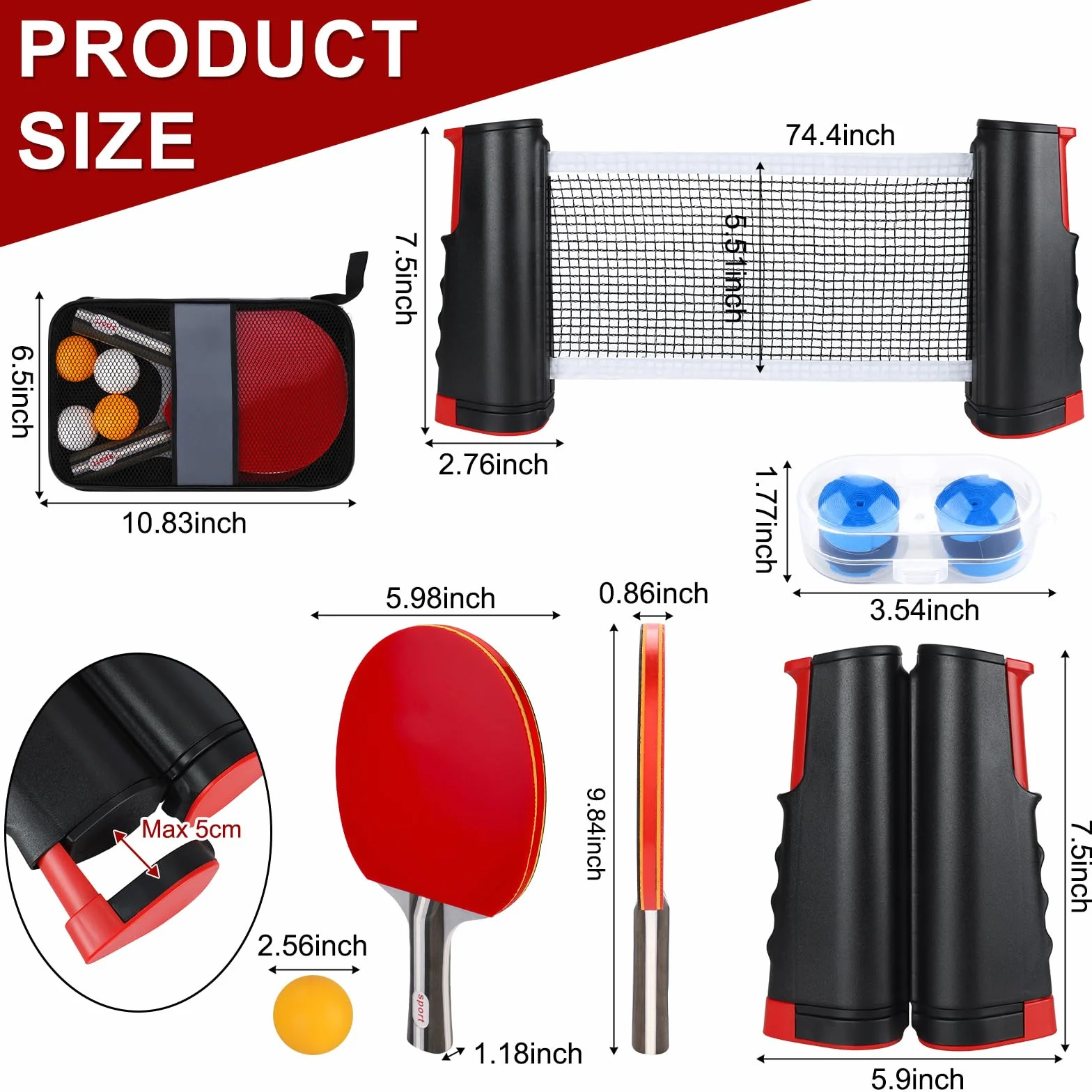 Set de Ping Pong, 2 Raquetas, 4 Pelotas, Red Plegable, Bolsa de Transporte