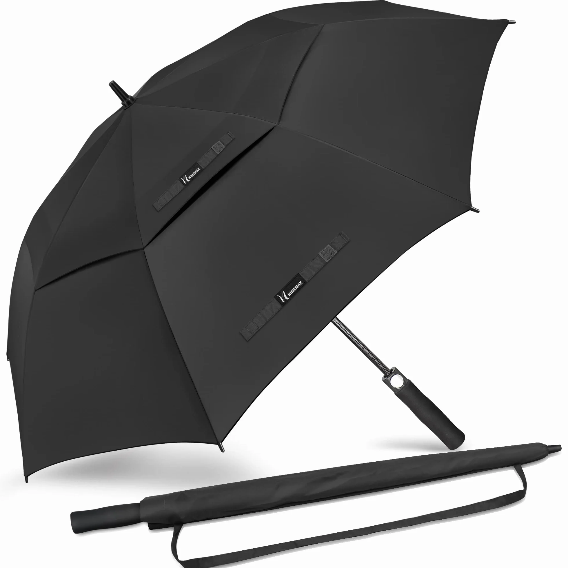 NINEMAX Paraguas de golf grande resistente al viento, paraguas de golf de 62 pulgadas para lluvia resistente, doble toldo grande ventilado para carrito de empuje (negro)