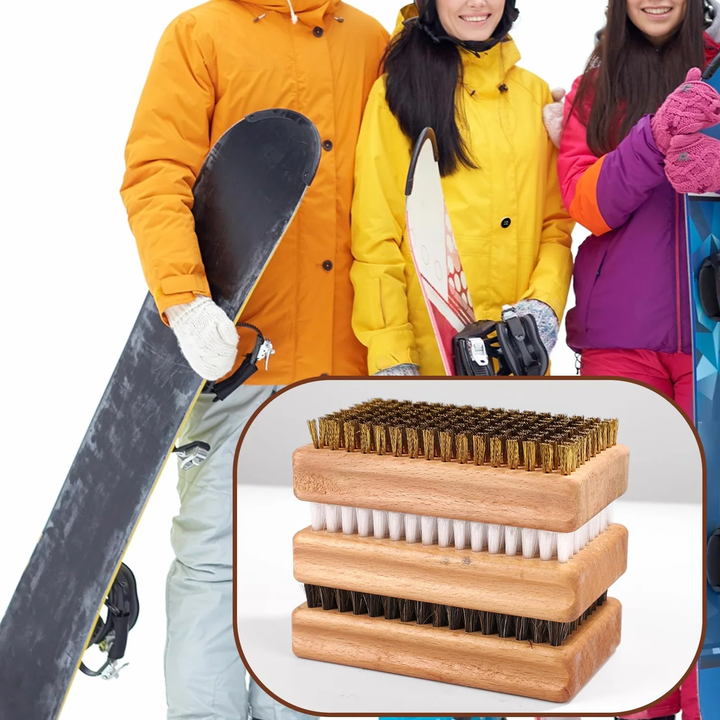 Kit de 3 Cepillos para Cera de Snowboard 12x7x3,5cm Nailon Latón Crin de Caballo