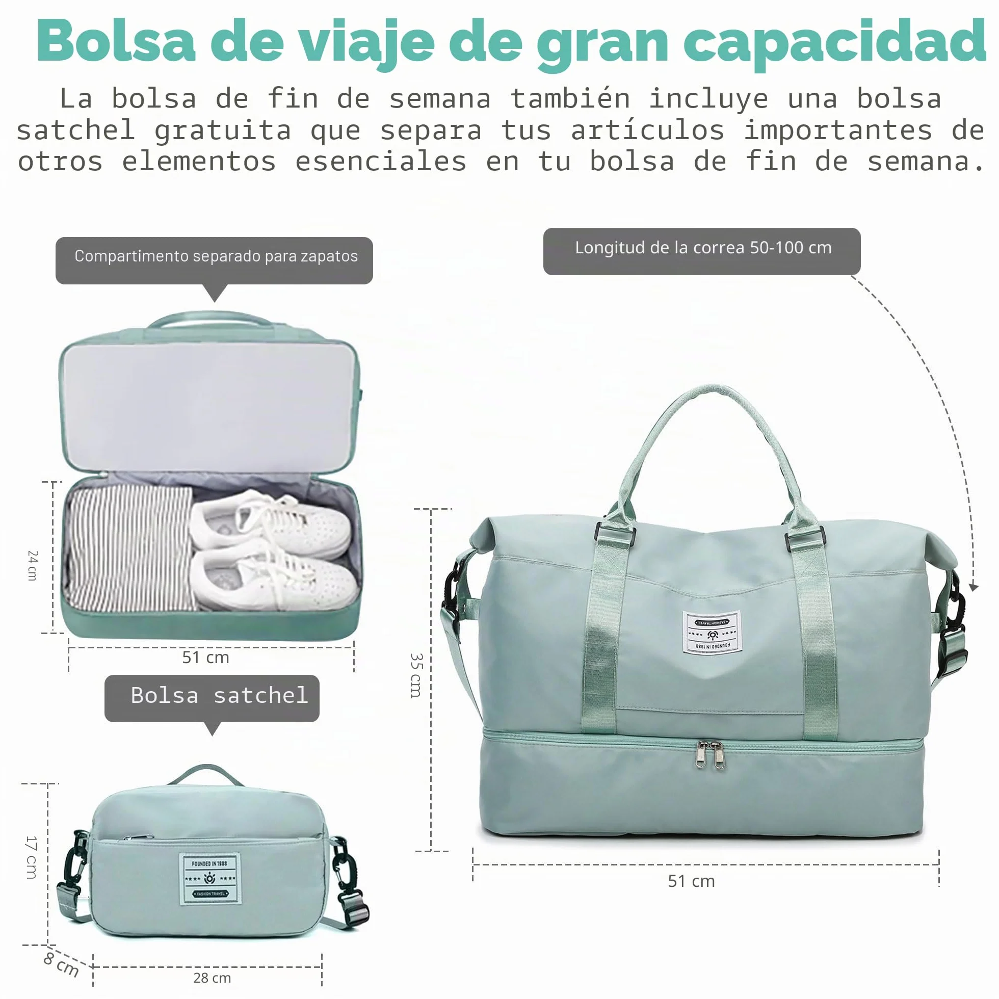 Bolsas de Viaje Bolsas de Deporte Bolsa de Gimnasio Impermeable Bolsa de Mano Equipaje Fin de Semana con Bolsa Húmeda y Zapatero para Hombre Mujer (Verde Claro)