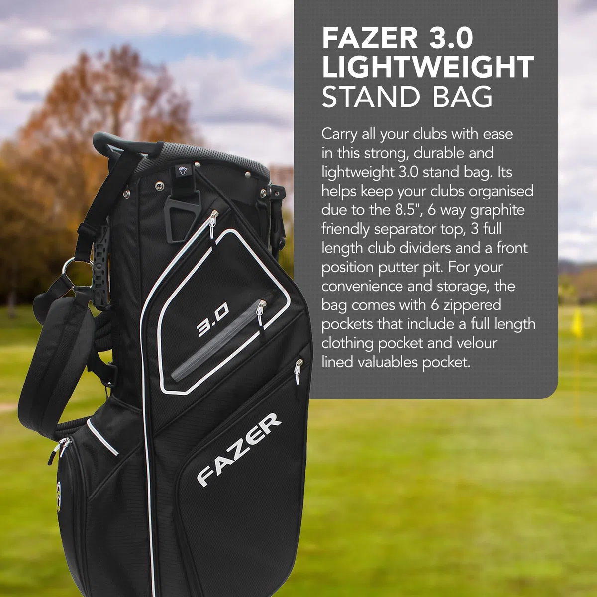 FAZER Bolsa de golf ligera 3.0 con un divisor de palos de 6 vías, separadores de palos de longitud completa y 6 bolsillos con cremallera, bolsa de nailon duradera para un transporte y almacenamiento