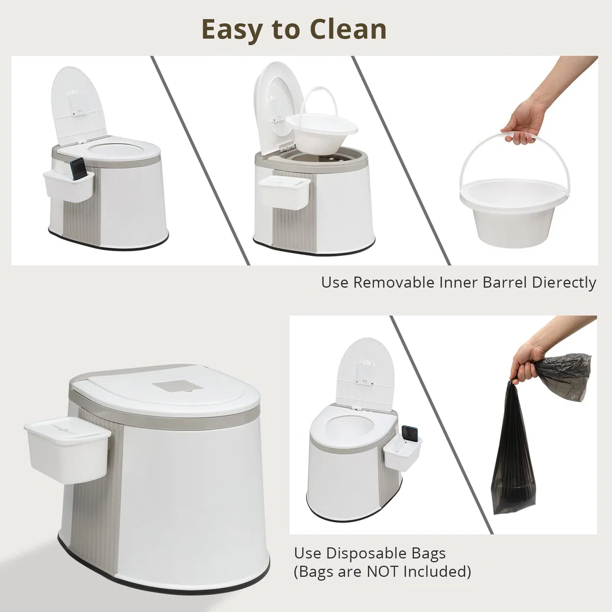 Bonnlo Inodoro portátil para camping, Inodoro viajero portátil, cubeta interior desmontable. Inodoro móvil con asiento, tapa y sujetapapeles (Gris y Blanco)