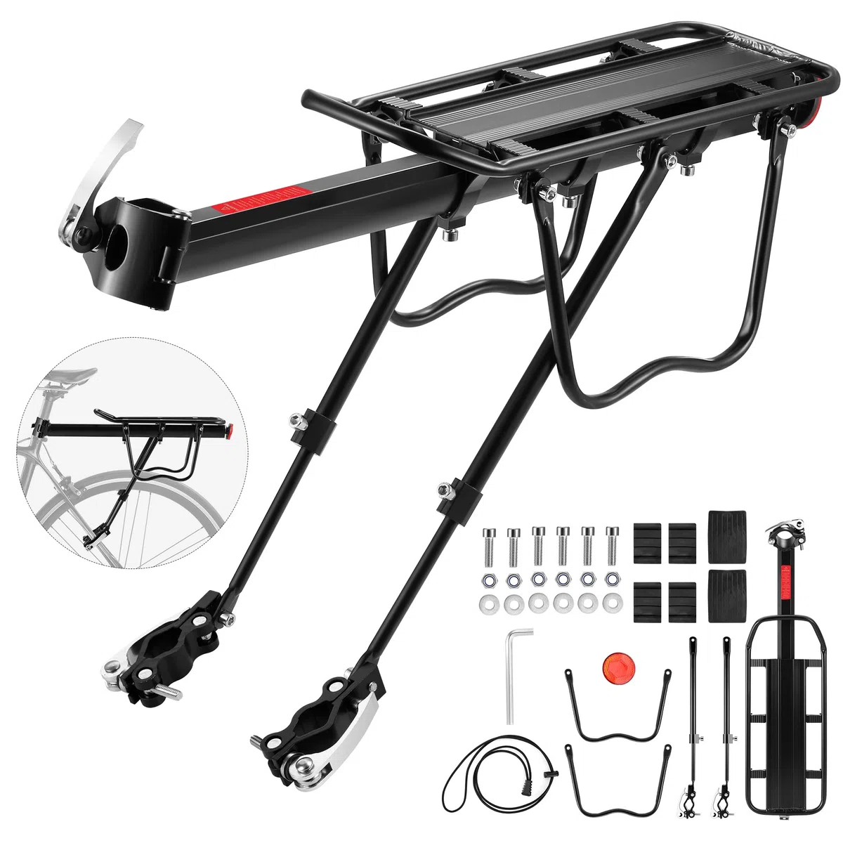 DazSpirit Portaequipajes Bicicleta, Portabultos Bicicleta Trasero, Parrilla Bicicleta Ajustable, con Reflector, Carga máxima de 60 kg, Instalación rápida, Material de aleación de Aluminio