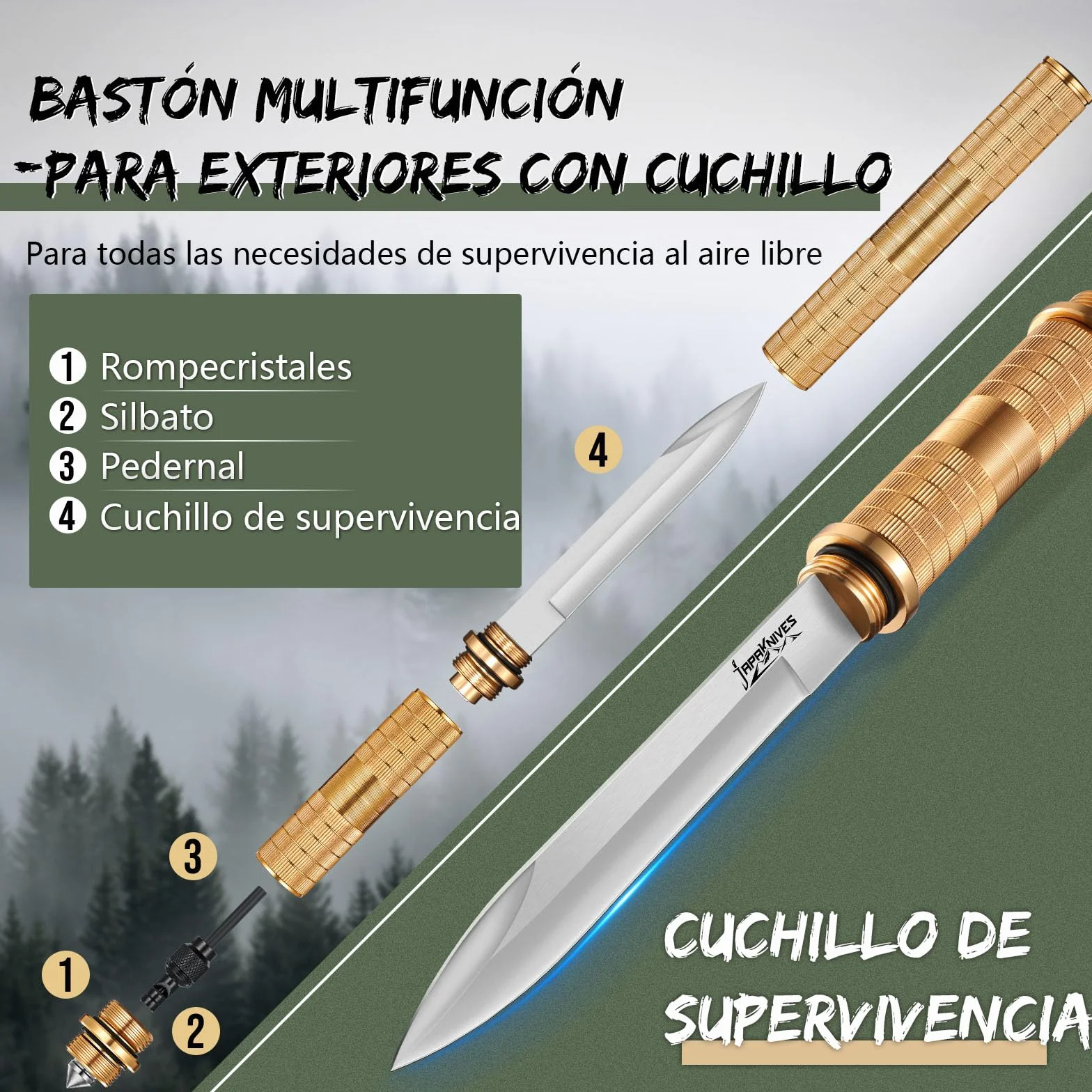 Japaknives Cuchillo de supervivencia exterior 5 en 1 fijo desmontable de acero D2 con silbato rompecristales para camping hombres dorado