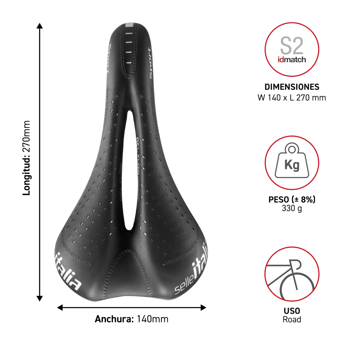 Selle Italia SPORT Gel Flow - Sillín Bicicleta Ciudad y Trekking con Agujero Anatómico y Cuadro Fec Alloy - Talla S2, Negro
