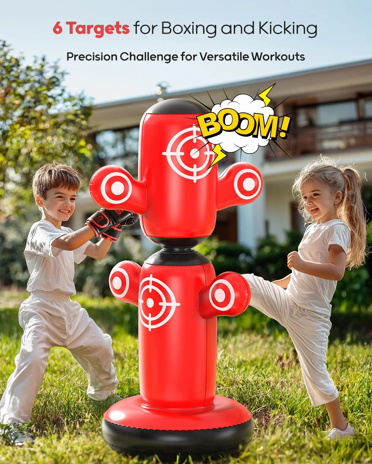 QPAU 64" Inflatable Punching Bag for Kids with Gloves, Pump & 6 Targets, 360° Rotatable Bop Bag