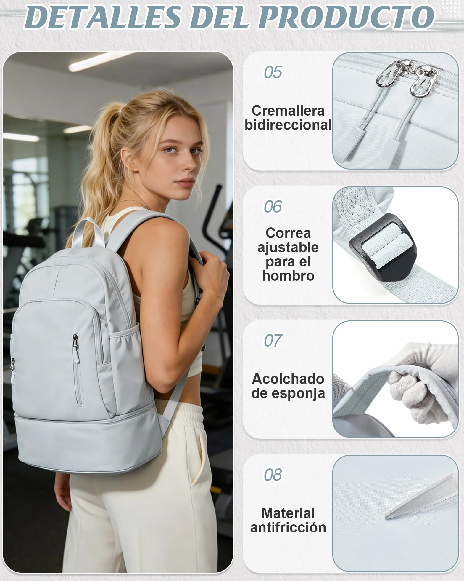 Suradar Mochila Deporte Mujer con Compartimento para Zapatos, Bolsa de Gimnasio Natación Yoga Azul Claro